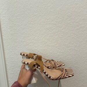 tan and white heels with small marks